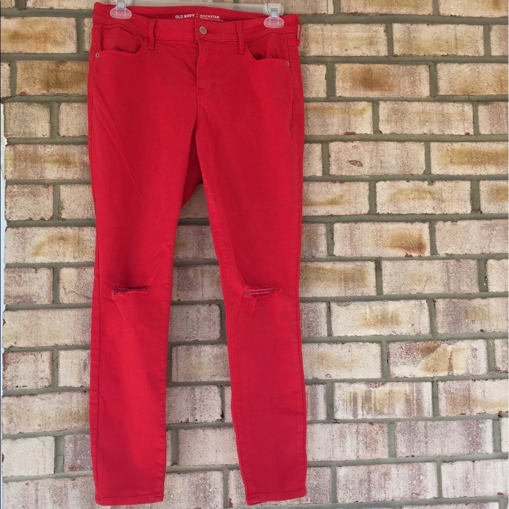 Red Mid-Rise, Old Navy Knee distress stretch jeans